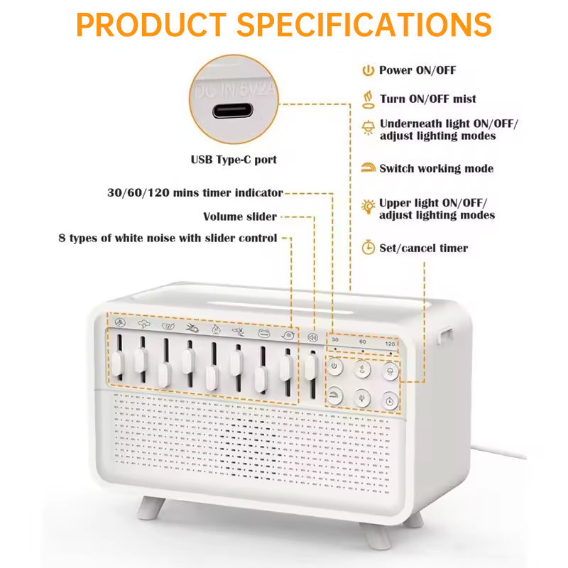 White Noise Sleep Diffuser & Flame Humidifier with Bluetooth